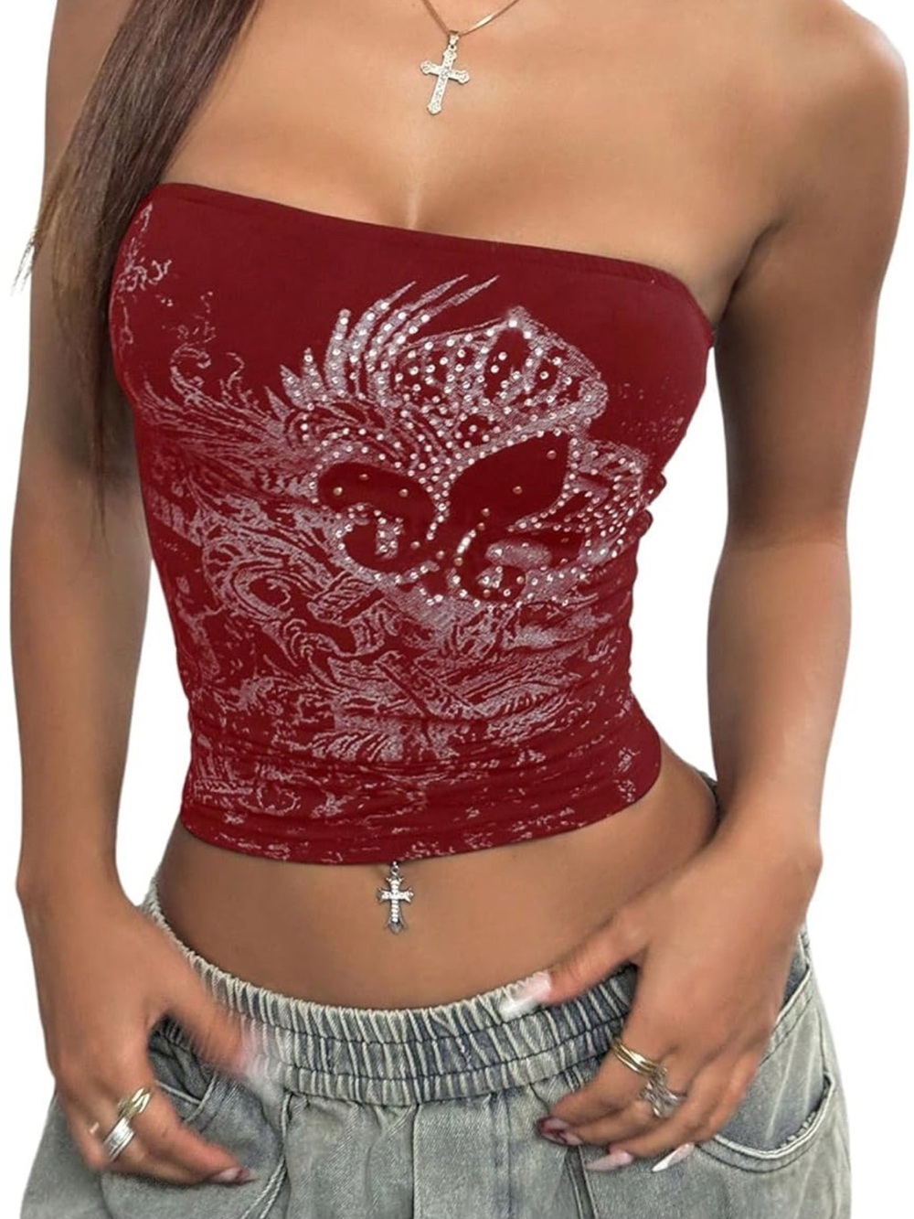 Y2K Red Gothic Bedazzled Rhinestone Tube Top
